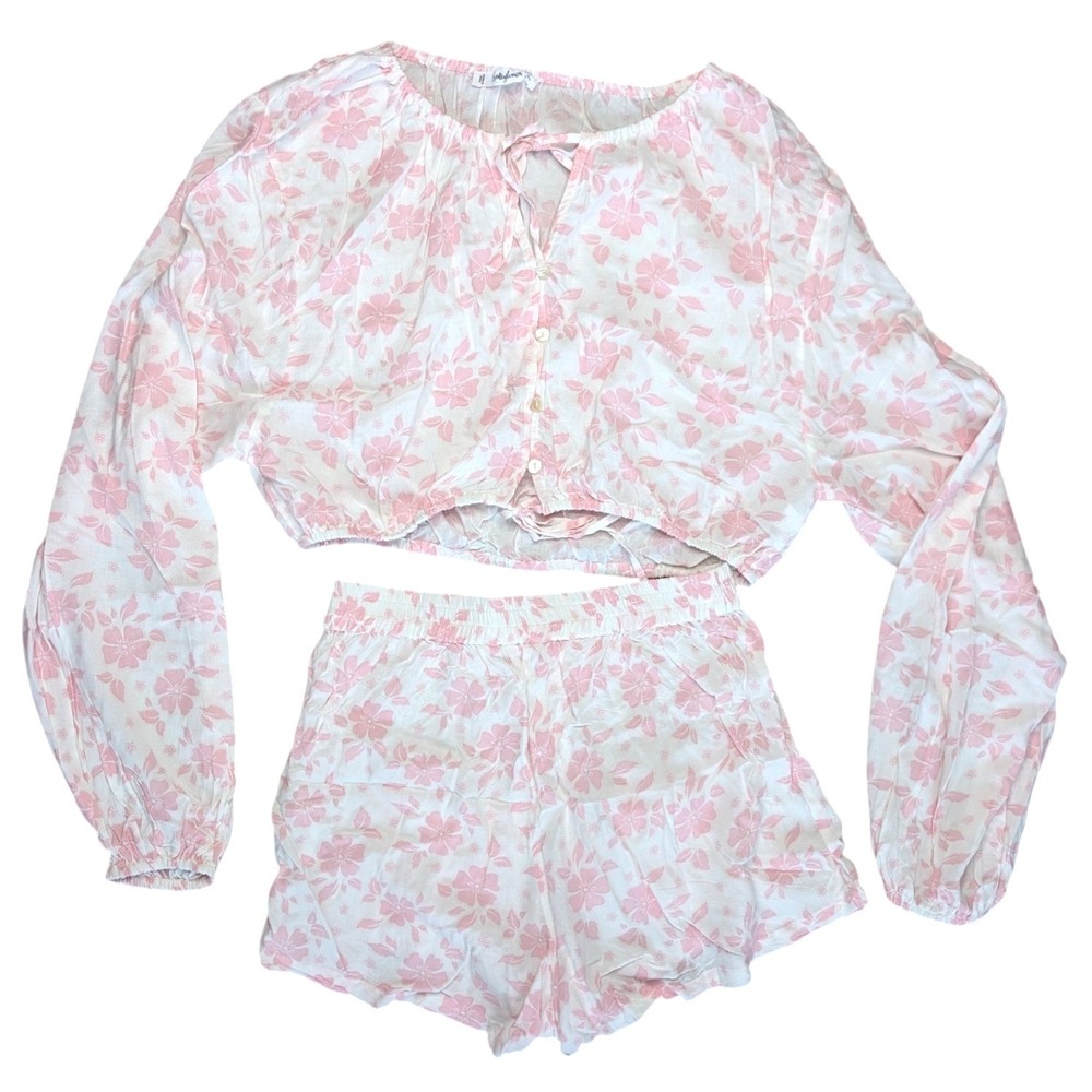 Salty Lemon Medium 2 Piece White Pink Lounge Sleep Set Long Sleeve Shorts Floral